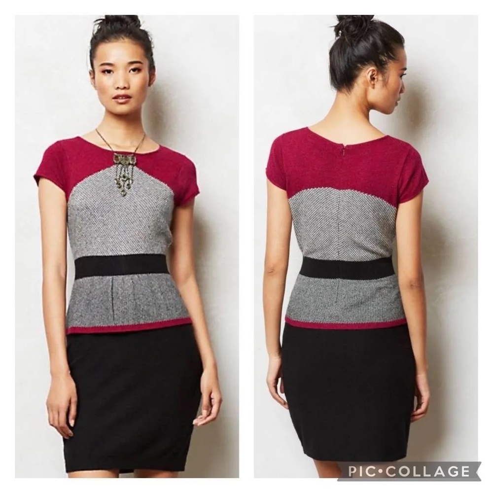 Anthropologie Sparrow Serena Peplum Short Sleeve Sweater Dress Fuchsia Black Md
